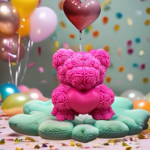 2 Charming Pink Rose Bear Candle for Celebrations - Picture 3 of 4